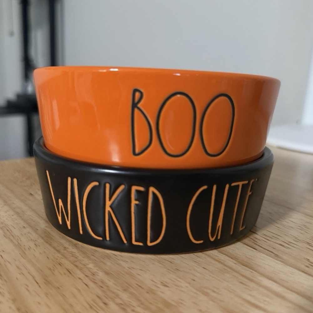 Rae Dunn Halloween Orange and Black Cat Bowls, 2 Pieces, BOO & WICKED CUTE
